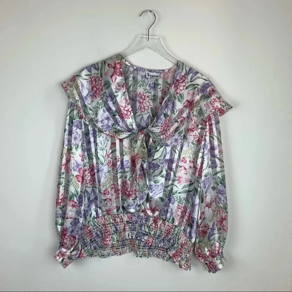 Vintage 1990s 90s Evanna Floral Cottage Core Sailor Collar Princess Diana Top
